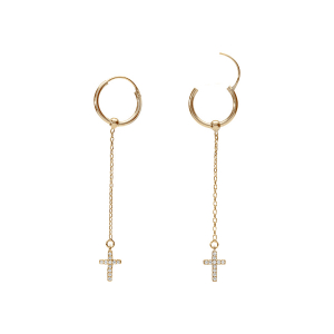CRÉOLES ARGENT DORÉ 15MM CHAINETTE ET CROIX OXYDES BLANCS