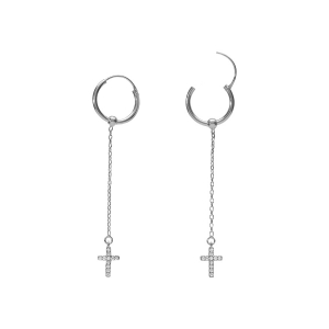 CRÉOLES ARGENT RHODIÉ 15MM CHAINETTE ET CROIX OXYDES BLANCS