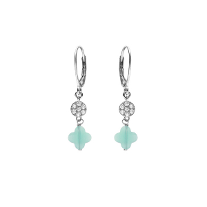 BOUCLES D'OREILLES CROCHET ARGENT RHODIÉ TREFLE EN VERRE BLEU GLACIAL ET PASTILLE OXYDES BLANCS