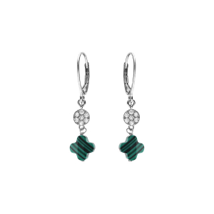 BOUCLES D'OREILLES CROCHET ARGENT RHODIÉ TREFLE EN VERRE VERT MALACHITE IMITATION ET PASTILLE OXYDES BLANCS