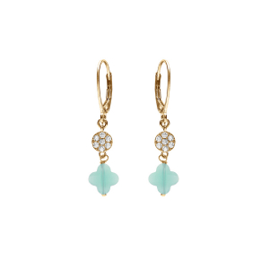 BOUCLES D'OREILLES CROCHET ARGENT DORÉ TREFLE EN VERRE BLEU GLACIAL ET PASTILLE OXYDES BLANCS