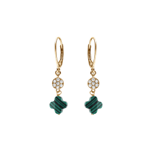 BOUCLES D'OREILLES CROCHET ARGENT DORÉ TREFLE EN VERRE VERT MALACHITE IMITATION ET PASTILLE OXYDES BLANCS