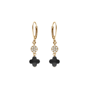 BOUCLES D'OREILLES CROCHET ARGENT DORÉ TREFLE EN VERRE NOIR ET PASTILLE OXYDES BLANCS