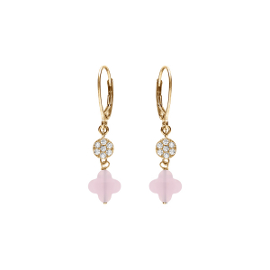 BOUCLES D'OREILLES CROCHET ARGENT DORÉ TREFLE EN VERRE ROSE ET PASTILLE OXYDES BLANCS