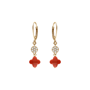 BOUCLES D'OREILLES CROCHET ARGENT DORÉ TREFLE EN VERRE CORAIL ET PASTILLE OXYDES BLANCS