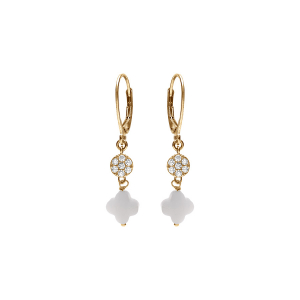 BOUCLES D'OREILLES CROCHET ARGENT DORÉ TREFLE EN VERRE BLANC ET PASTILLE OXYDES BLANCS
