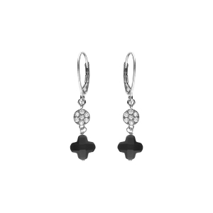 BOUCLES D'OREILLES CROCHET ARGENT RHODIÉ TREFLE EN VERRE NOIR ET PASTILLE OXYDES BLANCS