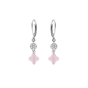 BOUCLES D'OREILLES CROCHET ARGENT RHODIÉ TREFLE EN VERRE ROSE ET PASTILLE OXYDES BLANCS