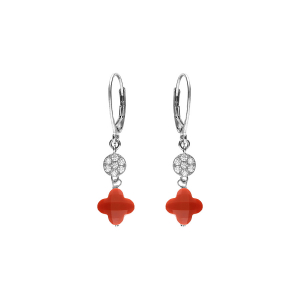 BOUCLES D'OREILLES CROCHET ARGENT RHODIÉ TREFLE EN VERRE CORAIL ET PASTILLE OXYDES BLANCS