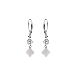 BOUCLES D'OREILLES CROCHET ARGENT RHODIÉ TREFLE EN VERRE BLANC ET PASTILLE OXYDES BLANCS