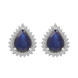 BOUCLES D'OREILLES TIGE ARGENT RHODIÉ SAPHIR VÉRITABLE FORME GOUTTE 8X6 CONTOUR TOPAZES BLANCHES SERTIES