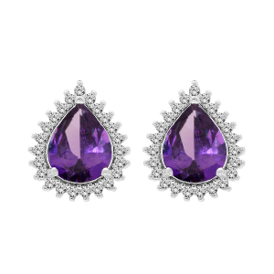 BOUCLES D'OREILLES TIGE ARGENT RHODIE AMÉTHYSTE VÉRITABLE FORME GOUTTE 8X6 CONTOUR OXYDES BLANCS SERTIS