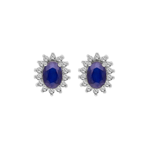 BOUCLES D'OREILLES TIGE ARGENT RHODIÉ SAPHIR VÉRITABLE CONTOUR TOPAZES BLANCHES SERTIES