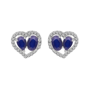 BOUCLES D'OREILLES TIGE ARGENT RHODIÉ 2 SAPHIRS VÉRITABLES ET CONTOUR FORME COEUR TOPAZES BLANCHES SERTIES