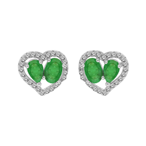 BOUCLES D'OREILLES TIGE ARGENT RHODIÉ 2 EMERAUDES VÉRITABLES ET CONTOUR FORME COEUR TOPAZES BLANCHES SERTIES