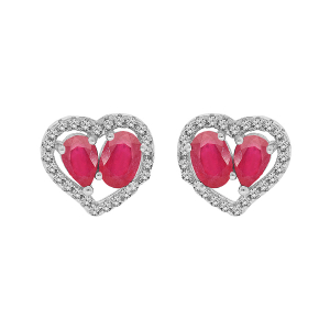 BOUCLES D'OREILLES TIGE ARGENT RHODIÉ 2 RUBIS VÉRITABLES CONTOUR FORME COEUR TOPAZES BLANCHES SERTIES