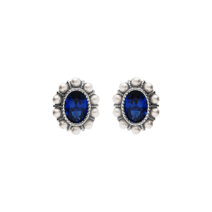 BOUCLES D'OREILLES TIGE ARGENT RHODIÉ OXYDE CENTRALE BLEU CONTOUR PERLE BLANCHE IMITATION