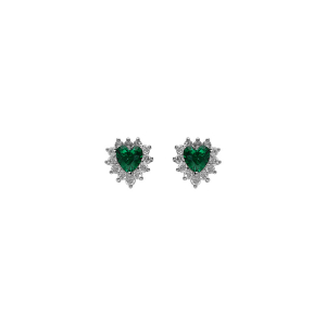 BOUCLES D'OREILLES TIGE ARGENT RHODIÉ FORME COEUR OXYDE VERT ET CONTOUR OXYDES BLANCS