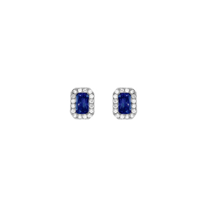 BOUCLES D'OREILLES TIGE ARGENT RHODIÉ FORME RECTANGULAIRE OXYDE BLEU ET CONTOUR OXYDES BLANCS SERTIS