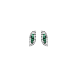 BOUCLES D'OREILLES TIGE ARGENT RHODIÉ FORME NAVETTE OXYDE CENTRALE VERT ET CONTOUR OXYDES BLANCS SERTIS