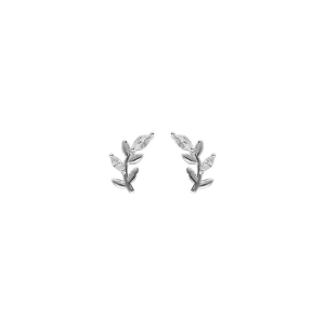 BOUCLES D'OREILLES TIGE ARGENT RHODIÉ FEUILLAGE OXYDES BLANCS SERTIS