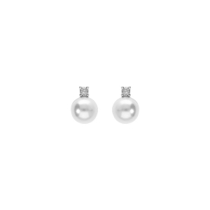 BOUCLES D'OREILLES TIGE ARGENT RHODIÉ PERLE BLANCHE IMITATION 6MM ET OXYDE BLANC