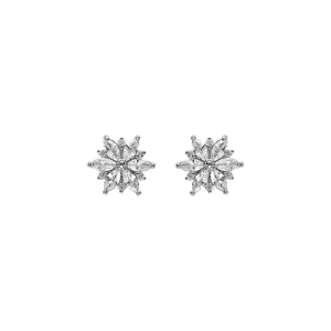 BOUCLES D'OREILLES TIGE ARGENT RHODIÉ FLEUR  OXYDES BLANCS SERTIS