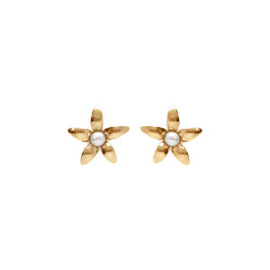 BOUCLES D'OREILLES TIGE ARGENT DORÉ PETITE FLEUR ET PERLE BLANCHE IMITATION