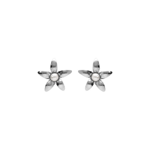 BOUCLES D'OREILLES TIGE ARGENT RHODIÉ PETITE FLEUR ET PERLE BLANCHE IMITATION
