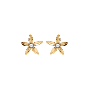 BOUCLES D'OREILLES TIGE ARGENT DORÉ FLEUR ET PERLE BLANCHE IMITATION