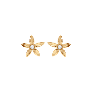 BOUCLES D'OREILLES TIGE ARGENT DORÉ FLEUR ET PERLE BLANCHE IMITATION