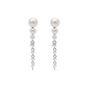 BOUCLES D'OREILLES TIGE ARGENT RHODIÉ PENDANTE 3 PERLES BLANCHE IMITATION ET OXYDES BLANCS