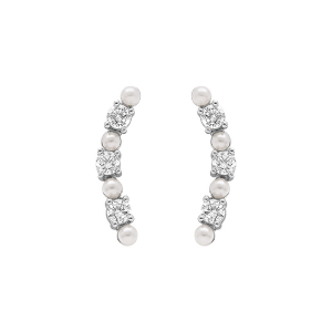 BOUCLES D'OREILLES TIGE ARGENT RHODIÉ 5 OXYDES BLANCS SERTIS ET 2 PERLES BLLANCHE IMITATION