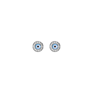 BOUCLES D'OREILLES TIGE ARGENT RHODIÉ RONDE OEIL DE LA CHANCE OXYDES BLANCS SERTIS