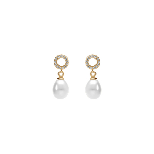 BOUCLES D'OREILLES TIGE ARGENT DORÉ CERCLE OXYDES BLANCS SERTIS ET PERLE BLANCHE IMITATION