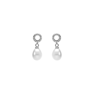 BOUCLES D'OREILLES TIGE ARGENT RHODIÉ CERCLE OXYDES BLANCS SERTIS ET PERLE BLANCHE IMITATION
