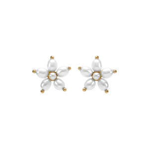 BOUCLES D'OREILLES TIGE ARGENT DORÉ FLEUR PERLES BLANCHES IMITATION