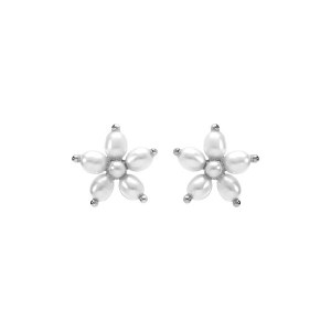 BOUCLES D'OREILLES TIGE ARGENT RHODIÉ FLEUR PERLES BLANCHES IMITATION