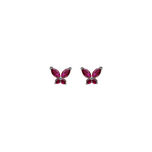 BOUCLES D'OREILLES TIGE ARGENT RHODIÉ PAPILLON OXYDES FUSHIA SERTIS