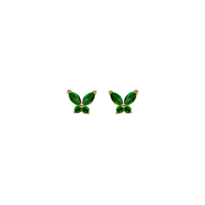 BOUCLES D'OREILLES TIGE ARGENT DORÉ PAPILLON OXYDES VERT FONCÉ SERTIS