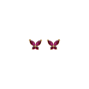BOUCLES D'OREILLES TIGE ARGENT DORÉ PAPILLON OXYDES FUSHIA SERTIS