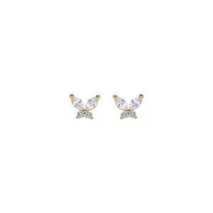 BOUCLES D'OREILLES TIGE ARGENT DORÉ PAPILLON OXYDES BLANCS FONCÉ SERTIS