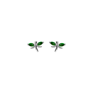 BOUCLES D'OREILLES TIGE ARGENT RHODIÉ LIBELLULE  OXYDES VERT FONCÉ SERTIS