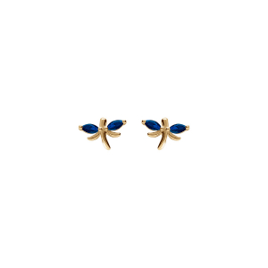 BOUCLES D'OREILLES TIGE ARGENT DORÉ LIBELLULE  OXYDES BLEU FONCÉ SERTIS
