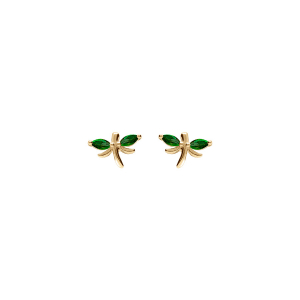 BOUCLES D'OREILLES TIGE ARGENT DORÉ LIBELLULE  OXYDES VERT FONCÉ SERTIS