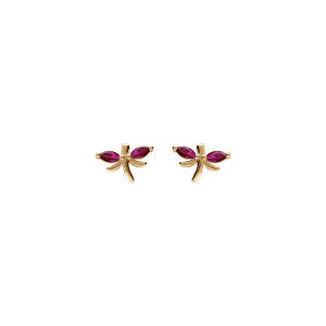 BOUCLES D'OREILLES TIGE ARGENT DORÉ LIBELLULE  OXYDES FUSHIA SERTIS