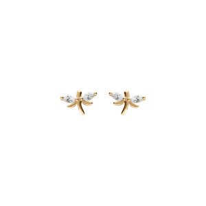 BOUCLES D'OREILLES TIGE ARGENT DORÉ LIBELLULE  OXYDES BLANCS SERTIS