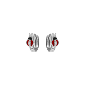 CRÉOLES ARGENT RHODIÉ ARTICULÉE COCCINELLE RÉSINE ROUGE  ET OXYDES BLANCS