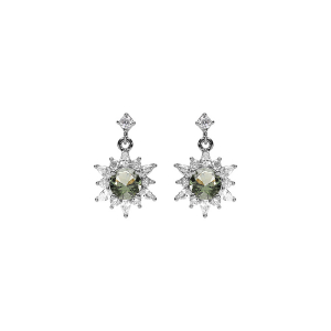 BOUCLES D'OREILLES TIGE ARGENT RHODIÉ FLEUR OXYDE VERT CLAIR ET CONTOUR OXYDES BLANCS