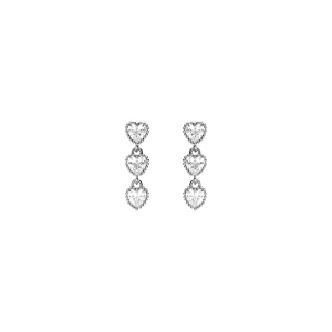 BOUCLES D'OREILLES TIGE ARGENT RHODIÉ PENDANTE 3 COEURS OXYDES BLANCS
